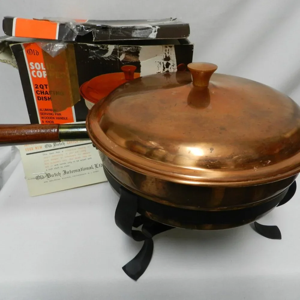 Old Dutch Design Brass Copper Chafing Dish Teak Wood Handle Vintage Mid Century